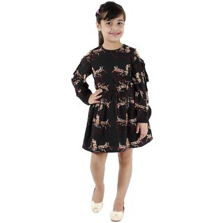 Kids Cave Indi Girls Midi/Knee Length Casual Dress (Black, Full Sleeve)