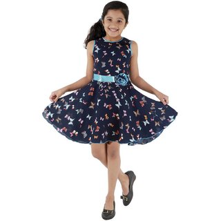 Kids Cave Indi Girls Midi/Knee Length Casual Dress (Blue, Sleeveless)