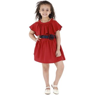 Kids Cave Indi Girls Midi/Knee Length Casual Dress (Maroon, Sleeveless)