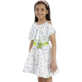 Kids Cave Indi Girls Above Knee Casual Dress (White, Short Sleeve)
