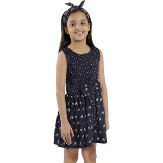 Kids Cave Indi Girls Above Knee Casual Dress (Blue, Sleeveless)