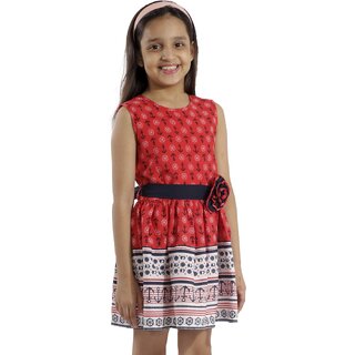 Kids Cave Girls Midi/Knee Length Casual Dress (Red, Sleeveless)