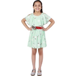 Kids Cave Indi Girls Above Knee Casual Dress (Light Green, Half Sleeve)