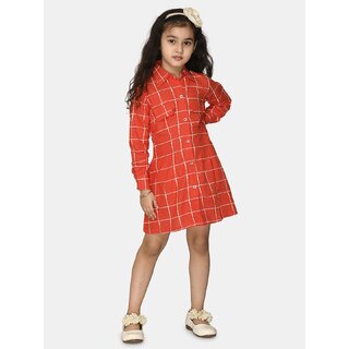 Kids Cave Indi Girls Midi/Knee Length Party Dress (Orange, Full Sleeve)