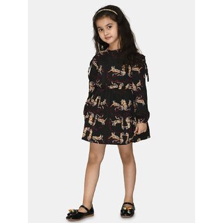 Kids Cave Indi Girls Above Knee Party Dress (Black, Full Sleeve)