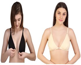 Zourt Poly Cotton B Cup Front Open Bra Set of 2 Black-Skin