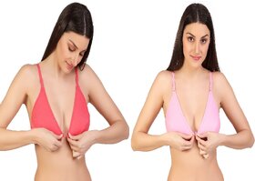 Zourt Poly Cotton B Cup Front Open Bra Set of 2 Gajri-Light Pink