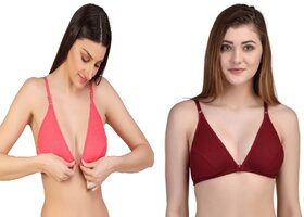 Zourt Poly Cotton B Cup Front Open Bra Set of 2 Gajri-Maroon