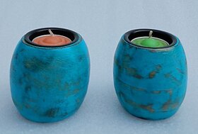 Onlinecraft Wooden Tealight Holder Wooden 2 - Cup Tealight Holder Set (Blue, Pack Of 2)