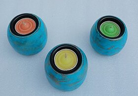Onlinecraft Wooden Tealight Holder Set (Blue, Pack Of 3)