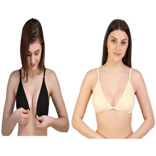 Zourt Poly Cotton B Cup Front Open Bra Set of 2 Black-Skin