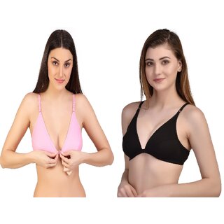 Zourt Poly Cotton B Cup Front Open Bra Set of 2 Light Pink-Black