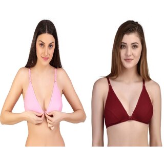 Zourt Poly Cotton B Cup Front Open Bra Set of 2 Light Pink-Maroon