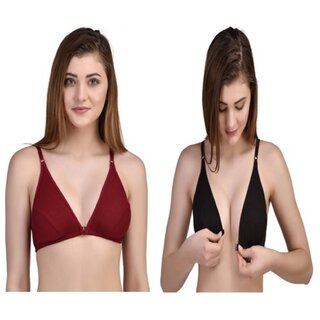 Zourt Poly Cotton B Cup Front Open Bra Set of 2 Maroon-Black