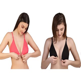 Zourt Poly Cotton B Cup Front Open Bra Set of 2 Gajri-Black