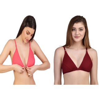 Zourt Poly Cotton B Cup Front Open Bra Set of 2 Gajri-Maroon