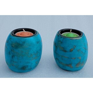 Onlinecraft Wooden Tealight Holder Wooden 2 - Cup Tealight Holder Set (Blue, Pack Of 2)