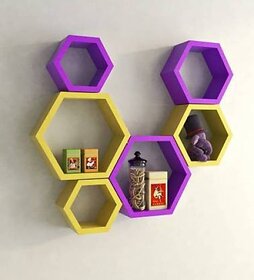 (Sh16) Wooden Wall Shelf Wooden Wall Shelf (Number Of Shelves - 6, Yellow, Purple)