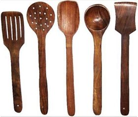 Onlinecraft Wooden Spoon (Ch2768) Kitchen Tool Set (Natural Brown, Ladle, Skimmer, Strainer, Cooking Spoon, Spatula)