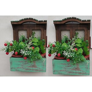 Iron, Wooden Wall Shelf (Number Of Shelves - 2, Green, Brown)