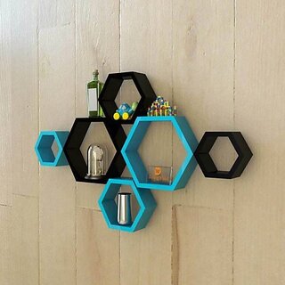 (Sh42) Wooden Wall Shelf Wooden Wall Shelf (Number Of Shelves - 6, Black, Blue)