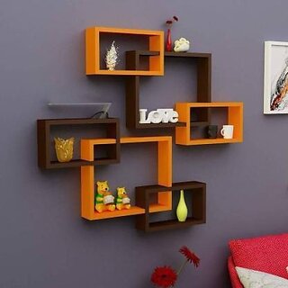 Wooden Wall Shelf (Number Of Shelves - 6, Brown, Orange)