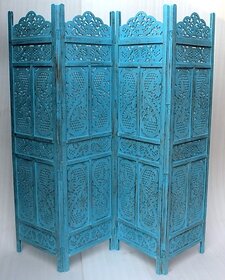 Onlinecraft Solid Wood Decorative Screen Partition (Free Standing, Finish Color - Blue, 4, Diy(Do-It-Yourself))