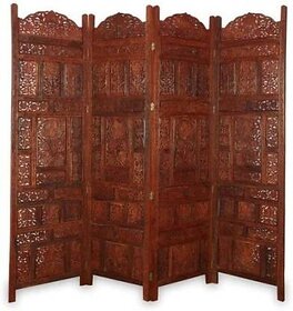 Onlinecraft Solid Wood Decorative Screen Partition (Floor Standing, Finish Color - Brown, 4, Pre-Assembled)