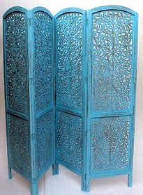 Onlinecraft Solid Wood Decorative Screen Partition (Free Standing, Finish Color - Blue, 4, Diy(Do-It-Yourself))