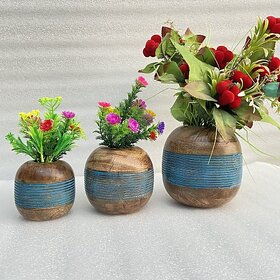 ( K7902 ) Wooden Flower Pot Stand Wooden Vase (6 Inch, Blue, Brown)
