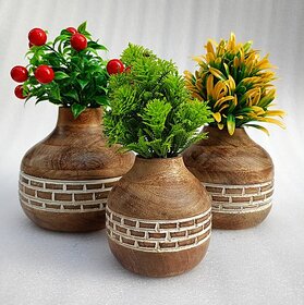 Wooden Corner Table Decor Wooden Vase (6 Inch, White, Brown)