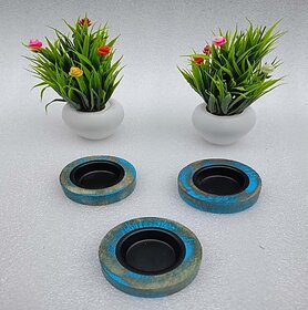 B3274 Wooden 1 - Cup Candle Holder Set (Blue, Pack Of 1)