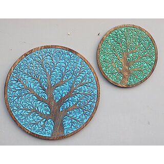 Mango Wood Carving Panel 24X24 Inch (Green, Blue)