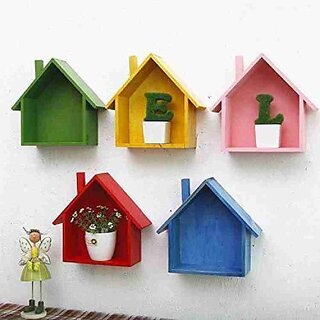 Onlinecraft Wooden Wall Decorative Hut (20 Cm X 20 Cm, Green/Yellow/Pink/Red/Blue)