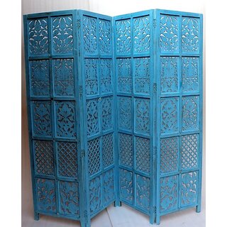 Onlinecraft Solid Wood Decorative Screen Partition (Free Standing, Finish Color - Blue, 4, Diy(Do-It-Yourself))