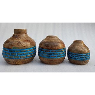 Onlinecraft Wooden Corner Table Decor Wooden Vase (6 Inch, Blue)