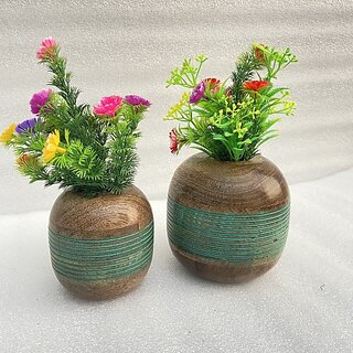 Onlinecraft Mango Wooden Flower Pot Set Of 3 Pc Big 6 ,Medium 5 , Small 4 Inch Height Wooden Vase (6 Inch, Green, Brown)