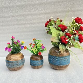 Onlinecraft Mango Wooden Flower Pot Set Of 3 Pc Big 6 ,Medium 5 , Small 4 Inch Height Wooden Vase (6 Inch, Blue, Brown)