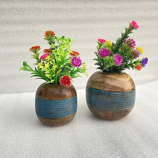 Onlinecraft Mango Wooden Flower Pot Set Of 3 Pc Big 6 ,Medium 5 , Small 4 Inch Height Wooden Vase (6 Inch, Blue, Brown)