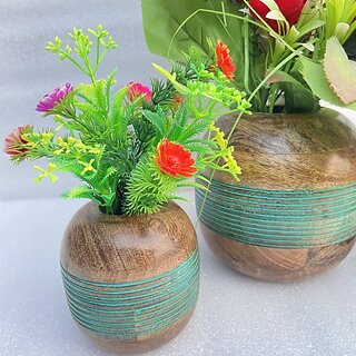 Onlinecraft Mango Wooden Flower Pot Set Of 3 Pc Big 6 ,Medium 5 , Small 4 Inch Height Wooden Vase (6 Inch, Green, Brown)
