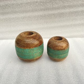 Onlinecraft Mango Wooden Flower Pot Set Of 3 Pc Big 6 ,Medium 5 , Small 4 Inch Height Wooden Vase (6 Inch, Green, Brown)