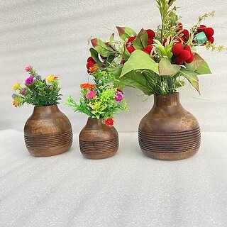 Onlinecraft Mango Wooden Flower Pot Set Of 3 Pc Big 6 ,Medium 5 , Small 4 Inch Height Wooden Vase (6 Inch, Brown, Brown)