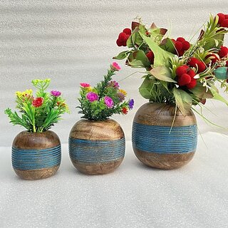 Onlinecraft Mango Wooden Flower Pot Set Of 3 Pc Big 6 ,Medium 5 , Small 4 Inch Height Wooden Vase (6 Inch, Blue, Brown)