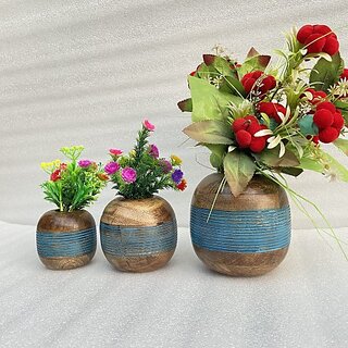 Onlinecraft Mango Wooden Flower Pot Set Of 3 Pc Big 6 ,Medium 5 , Small 4 Inch Height Wooden Vase (6 Inch, Blue, Brown)