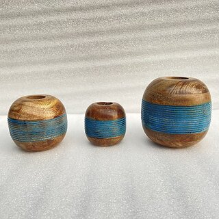 Onlinecraft Mango Wooden Flower Pot Set Of 3 Pc Big 6 ,Medium 5 , Small 4 Inch Height Wooden Vase (6 Inch, Blue, Brown)