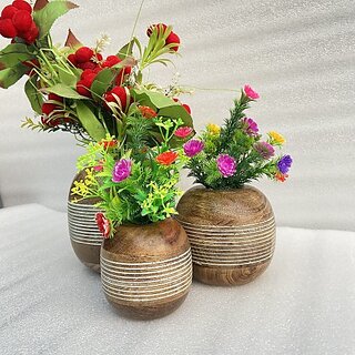 Onlinecraft Mango Wooden Flower Pot Set Of 3 Pc Big 6 ,Medium 5 , Small 4 Inch Height Wooden Vase (6 Inch, White, Brown)