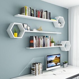 Wooden Wall Self Hexa(White) 3 Patti Wooden Wall Shelf (Number Of Shelves - 6, White)