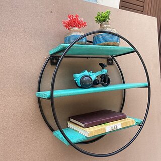 Wooden, Iron Wall Shelf (Number Of Shelves - 3, Black, Blue)