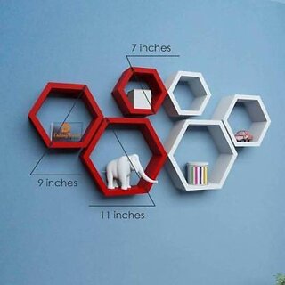 Wooden Wall Shelf (Number Of Shelves - 6, Red, White)
