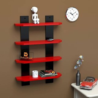 Onlinecrafts Wooden Double Patti Cut Shelf Rad Black Wooden Wall Shelf (Number Of Shelves - 4, Black, Red)